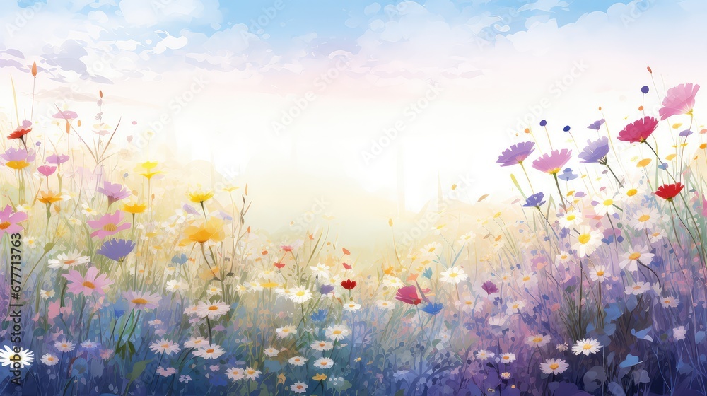 beauty field bright floral sunlit illustration flowers fashion, girl sun, blue red beauty field bright floral sunlit