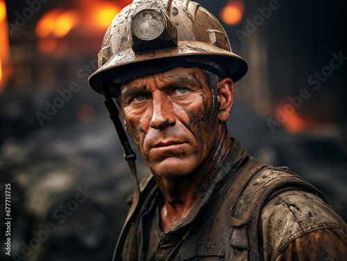 A Outlandish Energy Man in Worker Safety Uniform with Dirty Dust, Mud, Sweat on Face © devilkiddy