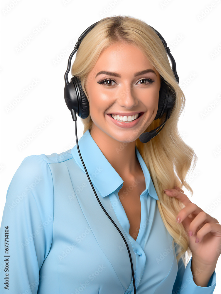 Smiling blonde girl with headphones and microphone on white background. Woman from the support service advises customers in call center. Smiling blonde girl with headphones and microphone on white background. Woman from the support service advises customers in call center.