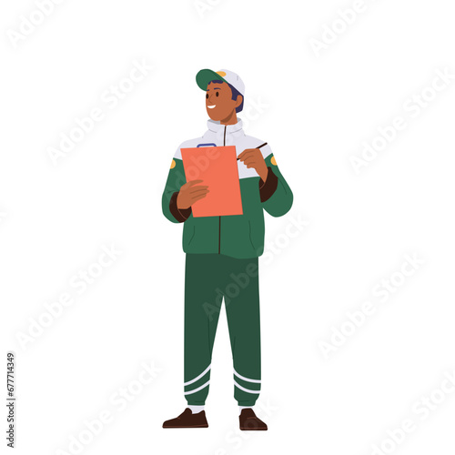 Pit stop worker cartoon character in green team uniform making notes in clipboard isolated on white