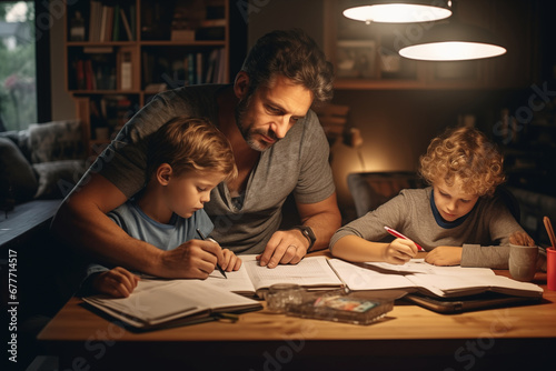father helps sons with homework photo
