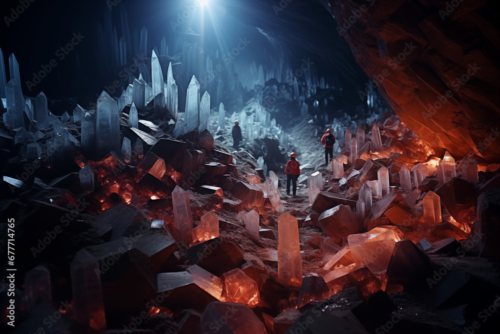 cavers in a cave with huge crystals - obrazy, fototapety, plakaty 