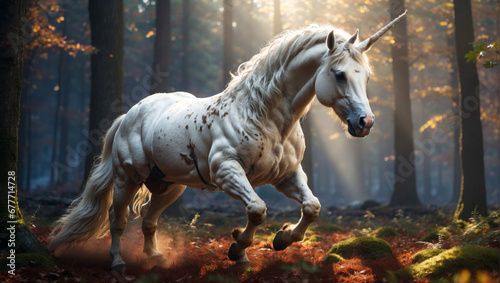 A white unicorn gallops through a forest.