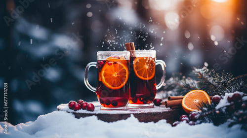 Delicious Mulled Wine with Snowy Forest on the Background	 photo