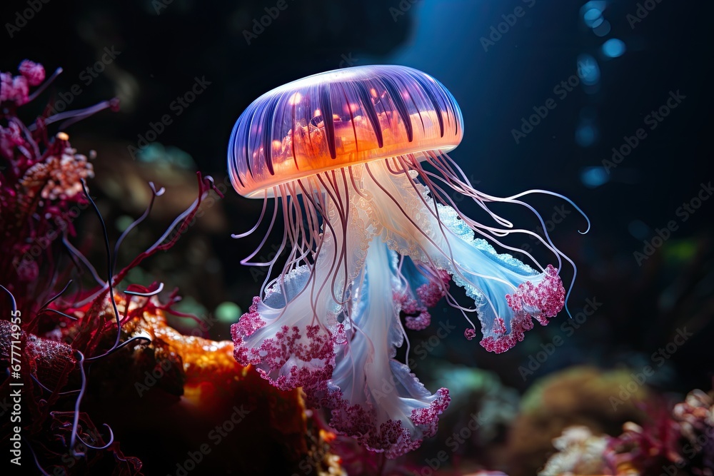 Neon purple Mesmerizing Jellyfish in the Ocean Depths
Neon purple Mesmerizing Jellyfish in the Ocean Depths