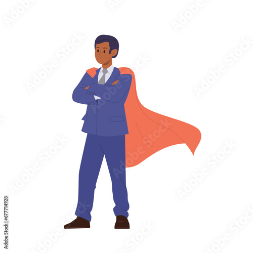 Brave businessman superhero cartoon character in red cape and formal suit standing isolated on white