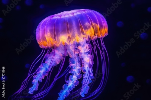 Neon purple Jellyfish in the water, dark background 