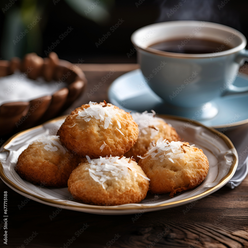 Coconut cookies in plate on wooden backgrounds Coconut cookies in plate on wooden backgrounds