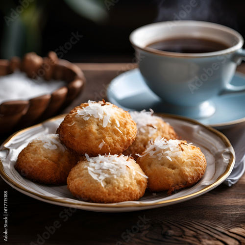 Coconut cookies in plate on wooden backgrounds photo