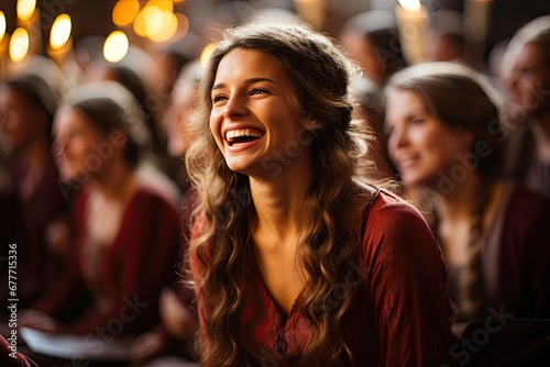 Woman singing with  Christmas choir in church photo