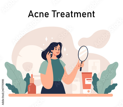 Acne treatment. Dermatology and cosmetology diagnosis and care. Healthy facial skin tips. Blackheads and pimples treatment process. Flat vector illustration