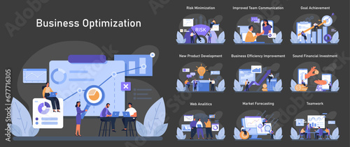 Business Optimization Set. Diverse professionals analyze data, mitigate risks, and communicate for efficiency. Web analytics insights. Financial investment decisions. Team collaboration. Flat vector.