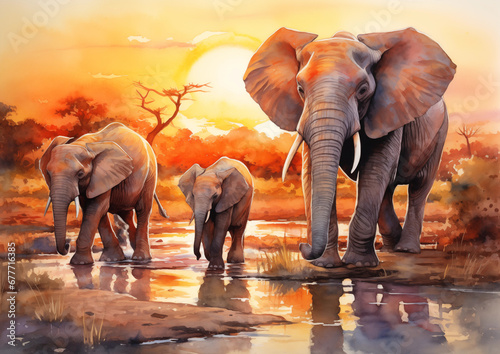 Fototapeta Elephant Family at Watering Hole, watercolor animals, wildlife art, elephant painting, golden hour, nature artwork, safari decor, animal lovers, art collection, home gallery, wildlife conservation