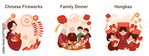 Chinese New Year tradition set. Cheerful asian family leisure on festive day. Characters celebrate national asian festivity with fireworks, lantern and dragon dance. Flat vector illustration