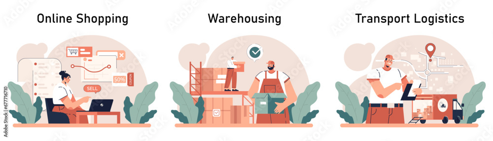 Delivery of goods set. Warehousing, logistics and delivery of customer' order. Transportation and distribution service. Flat vector illustration