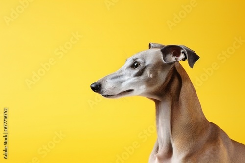 sweet greyhound dog looking forward and sitting on yellow background © Yulia