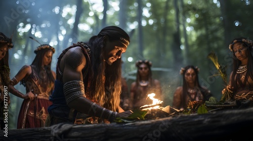 Indigenous ritual in the woods, intimate eye-level shot of an indigenous tribe performing a traditional ceremony amidst the forest, showcasing the deep bond and respect for nature.