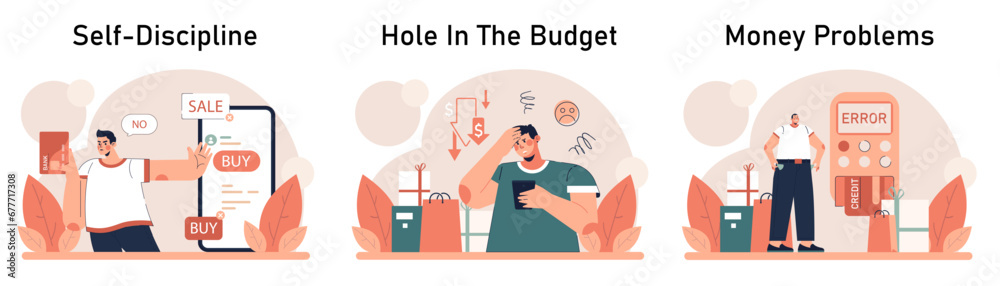 Impulsive buying set. Shopaholic money problems. Consumer doing useless purchases without thoughtful consideration or planning. Spontaneous buying. Flat vector illustration Impulsive buying set. Shopaholic money problems. Consumer doing useless purchases without thoughtful consideration or planning. Spontaneous buying. Flat vector illustration