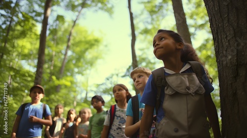 Children on a guided forest trail, wide-angle shot of young students following a forest ranger, their curious eyes absorbing the wonders of woodland life.