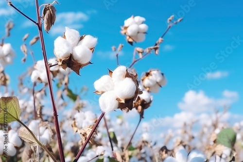 Cotton branches in the field. Lush white cotton flowers on a branch. Growing organic cotton for textile and cosmetics production. Vegetable fiber © FoxTok