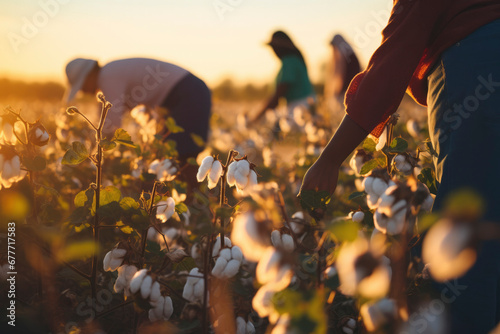 People workers collect cotton flowers in field at sunset. Growing organic cotton for textile and cosmetics production. Plant fiber photo