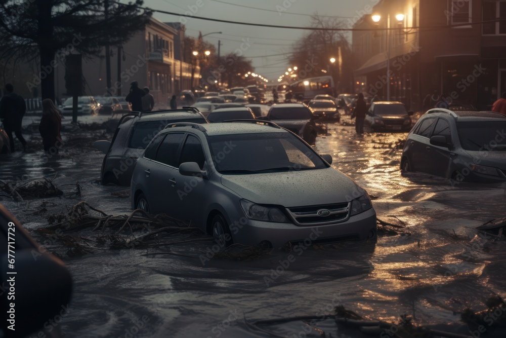 Abandoned car on flooded city street at night