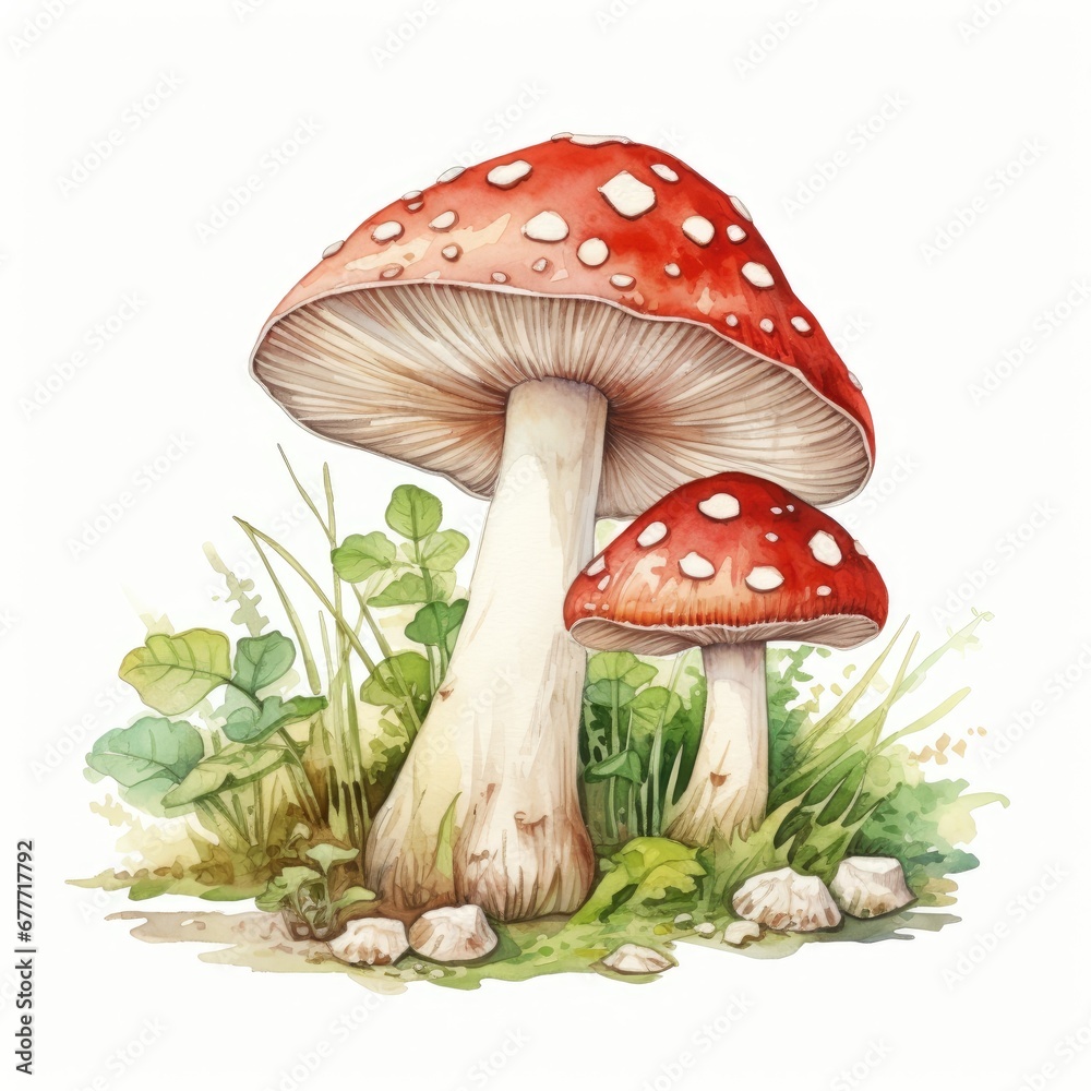 Watercolor Illustration of Red Amanita Mushrooms Watercolor Illustration of Red Amanita Mushrooms