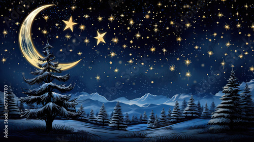 Twilight Christmas tree scene, with stars and crescent moon AI generative