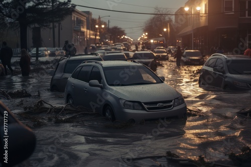 Abandoned car on flooded city street at night © olga_demina