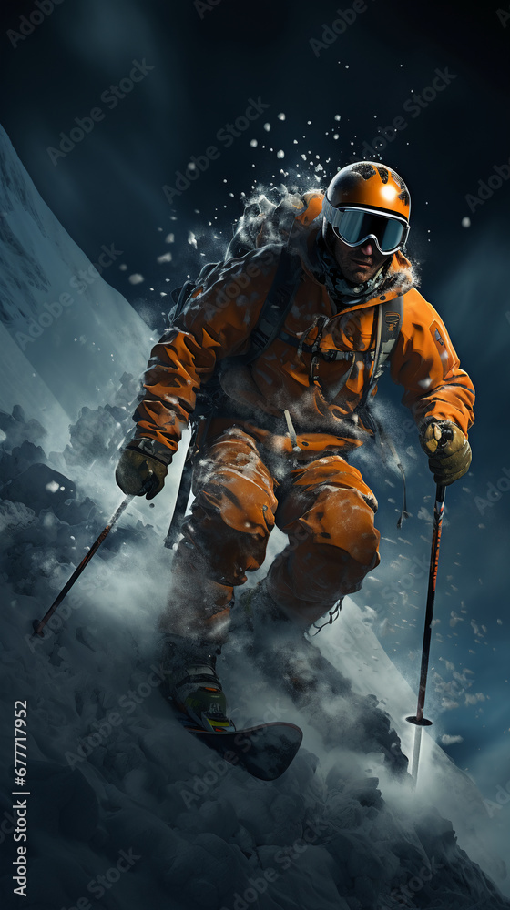 Fototapeta premium Freeskier jumping over backcountry kicker, darkblue background. AI generative