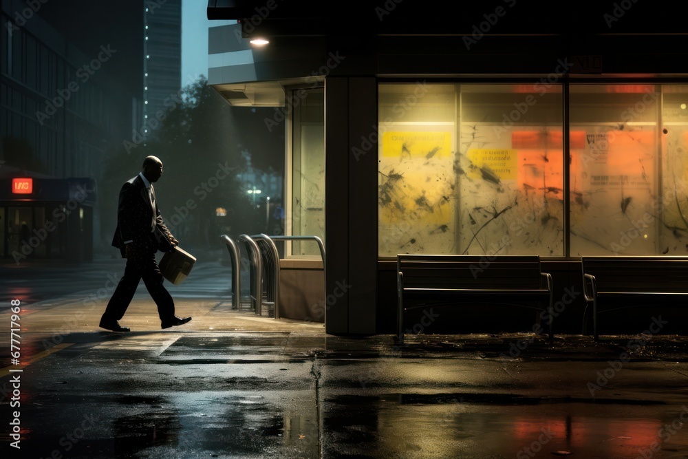 Man entering subway station in twilight in bad weather