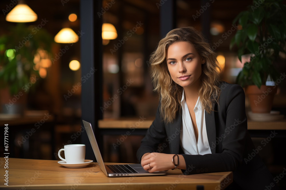 Young businesswoman in a warmly lit cafe, her gaze suggests determination and a sharp focus on the task at hand Young businesswoman in a warmly lit cafe, her gaze suggests determination and a sharp focus on the task at hand
