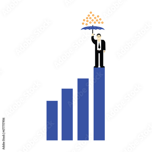 Businessman standing on the highest bar with an umbrella shielding himself from money falling on him