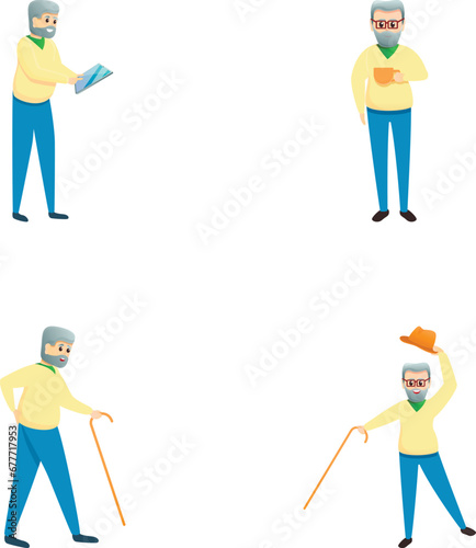 Active aging icons set cartoon vector. Positive cartoon senior character. Healthy and active lifestyle for old people