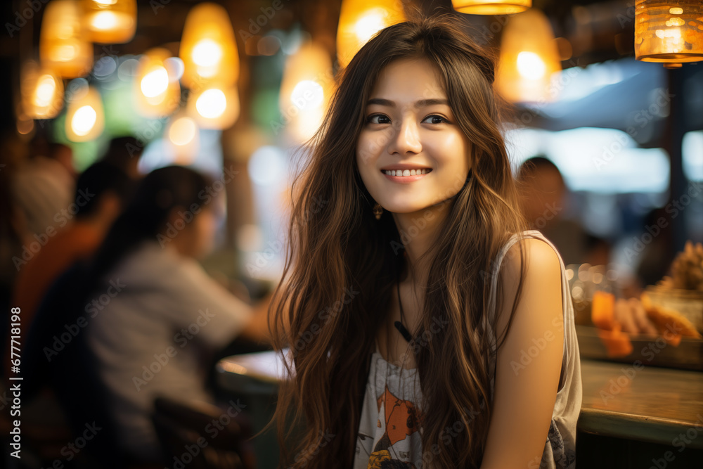 Young Asian woman with an engaging smile, seated at a vibrant street food stall Young Asian woman with an engaging smile, seated at a vibrant street food stall