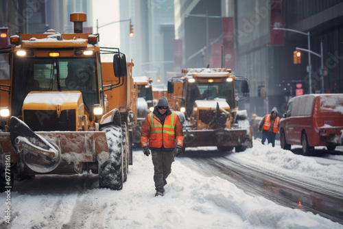 Unrecognizable men workers walking along operating large snowplows and clearing snow on city road
