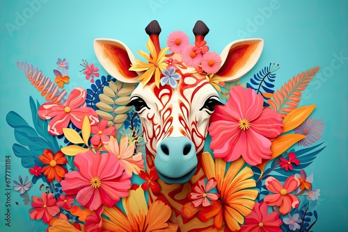 risographic illustration of giraffe with flowers with vibrant colors and playful patterns