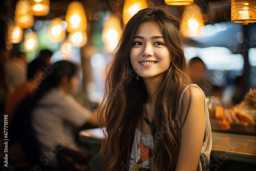 Young Asian woman with an engaging smile  seated at a vibrant street food stall