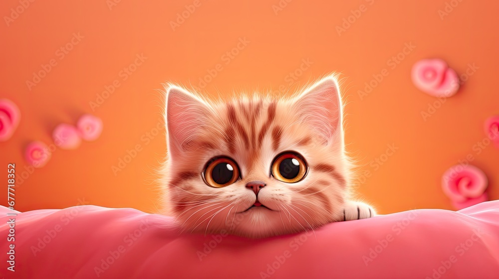  a painting of a kitten peeking out from behind a pink pillow with pink roses in the background and an orange background with pink roses in the middle of the image.  generative ai