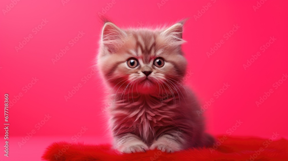 a small kitten sitting on top of a red rug on top of a pink surface with its eyes wide open and one eye wide open, looking at the camera. generative ai a small kitten sitting on top of a red rug on top of a pink surface with its eyes wide open and one eye wide open, looking at the camera. generative ai