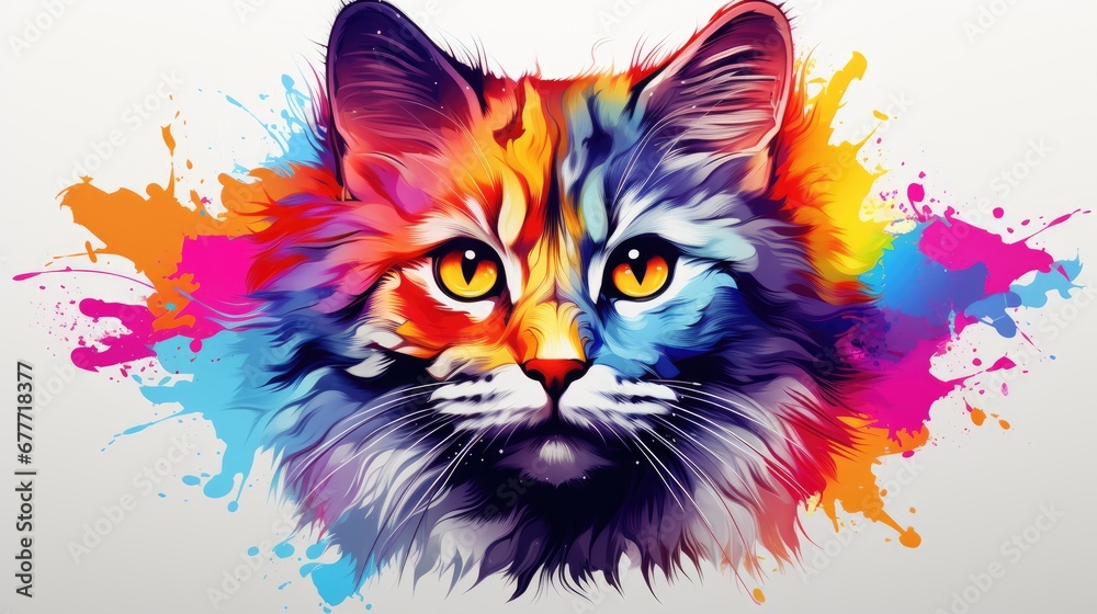  a close up of a cat's face with multicolored paint splatters on the side of the cat's face and the cat's face.  generative ai