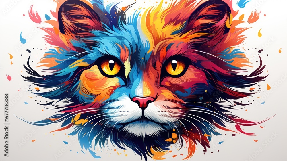  a close up of a cat's face with multicolored paint splatters on the cat's face and behind it's head is a white background.  generative ai