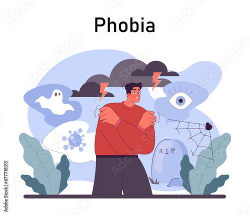 Phobia. Human's irrational inner fears and panic. Mental disorder, feeling of threat and danger. Psychology and mental therapy. Flat vector illustration