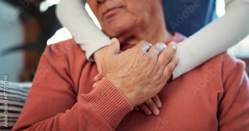 Senior support, hand holding or nurse for patient healthcare, medical insurance or empathy on sofa. Caregiver, elderly person or care for cancer diagnosis, counselling or trust doctor comfort at home photo