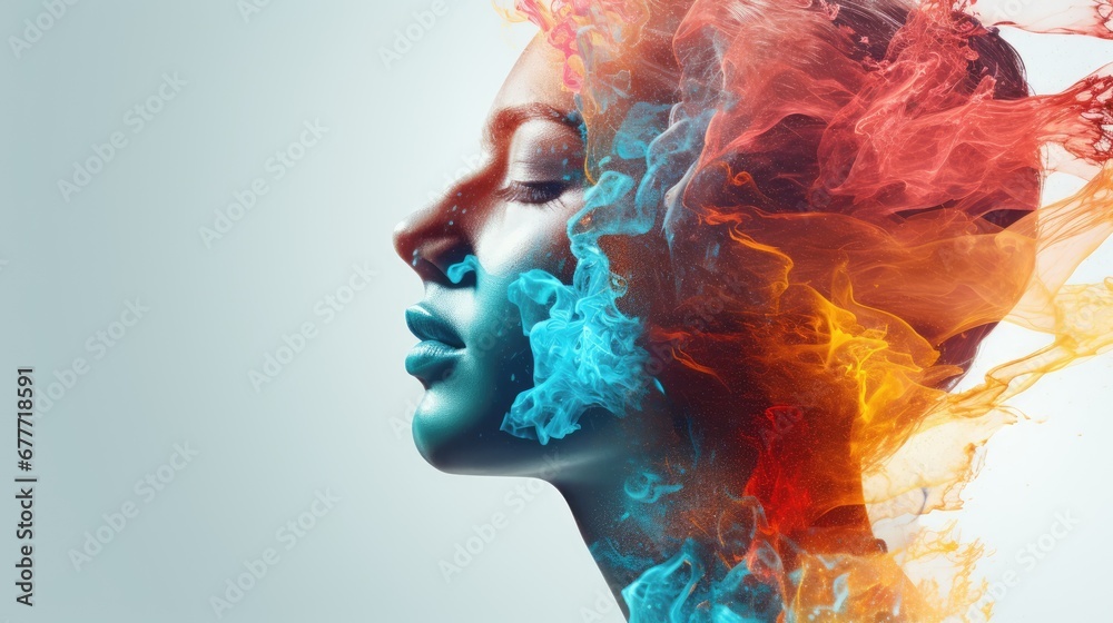 a woman's face with colorful smoke coming out of it's hair and the image of a woman's face appears to be in the form of a multi - colored smoke. generative ai a woman's face with colorful smoke coming out of it's hair and the image of a woman's face appears to be in the form of a multi - colored smoke. generative ai