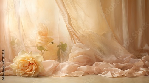  a yellow rose sitting on top of a wooden floor next to a window covered in sheer drapes and a pink rose in the center of the photo is in the foreground. generative ai