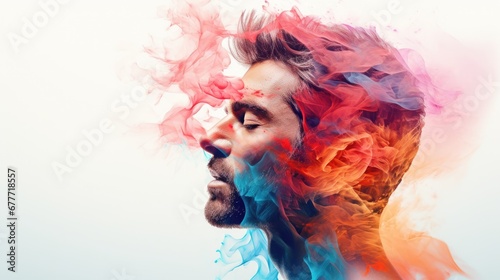  a man's face with colored smoke coming out of the top of his head and the smoke coming out of his face are red, blue, yellow, orange, and pink, and red. generative ai