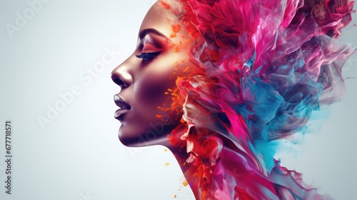  a woman's face with multicolored smoke coming out of the side of her face and her hair in the shape of a woman's head, on a white background. generative ai