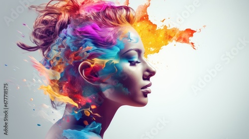  a woman's face with multicolored paint splattered all over her and her hair in the shape of a crown of a cloud of smoke and stars. generative ai