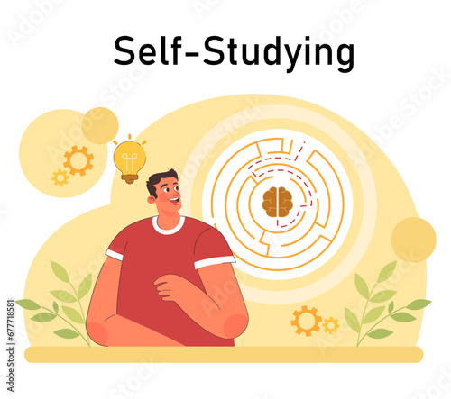 Positive psychology. Positive thinking and attitude. Optimistic mindset, self acceptance and well-being. Young man working on her mental health. Flat vector illustration